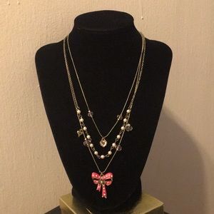 Betsey Johnson 3 layer strand necklace w/pink bow